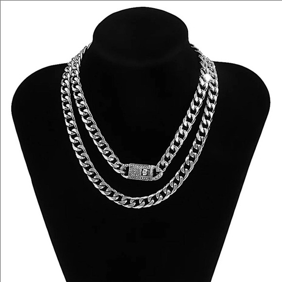 SILVER RHINESTONE LOCK CUBAN CHAIN LINK LAYER CHOKER NECKLACE - Picture 3 of 5